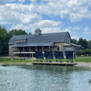 Wedding Barn Exterior with Deck by the Pond
