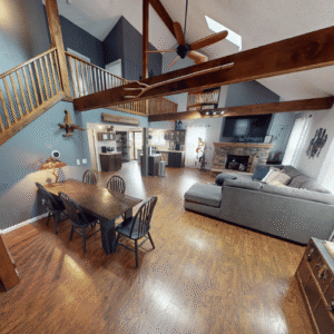 Guest House living room with exposed beams